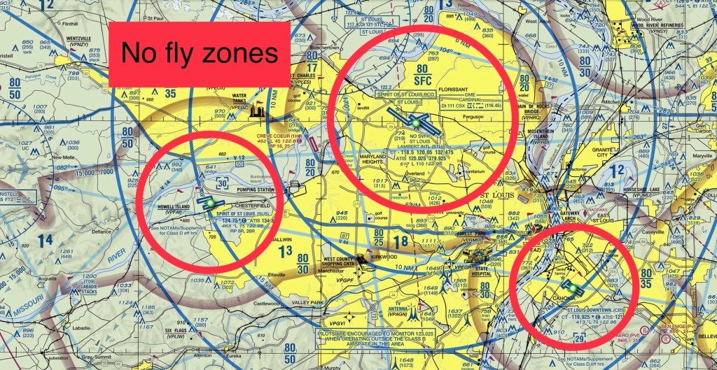 Drone Pilots of St. Louis provides an image highlighting no fly zones due to airspace restrictions in the St. Louis metro area.